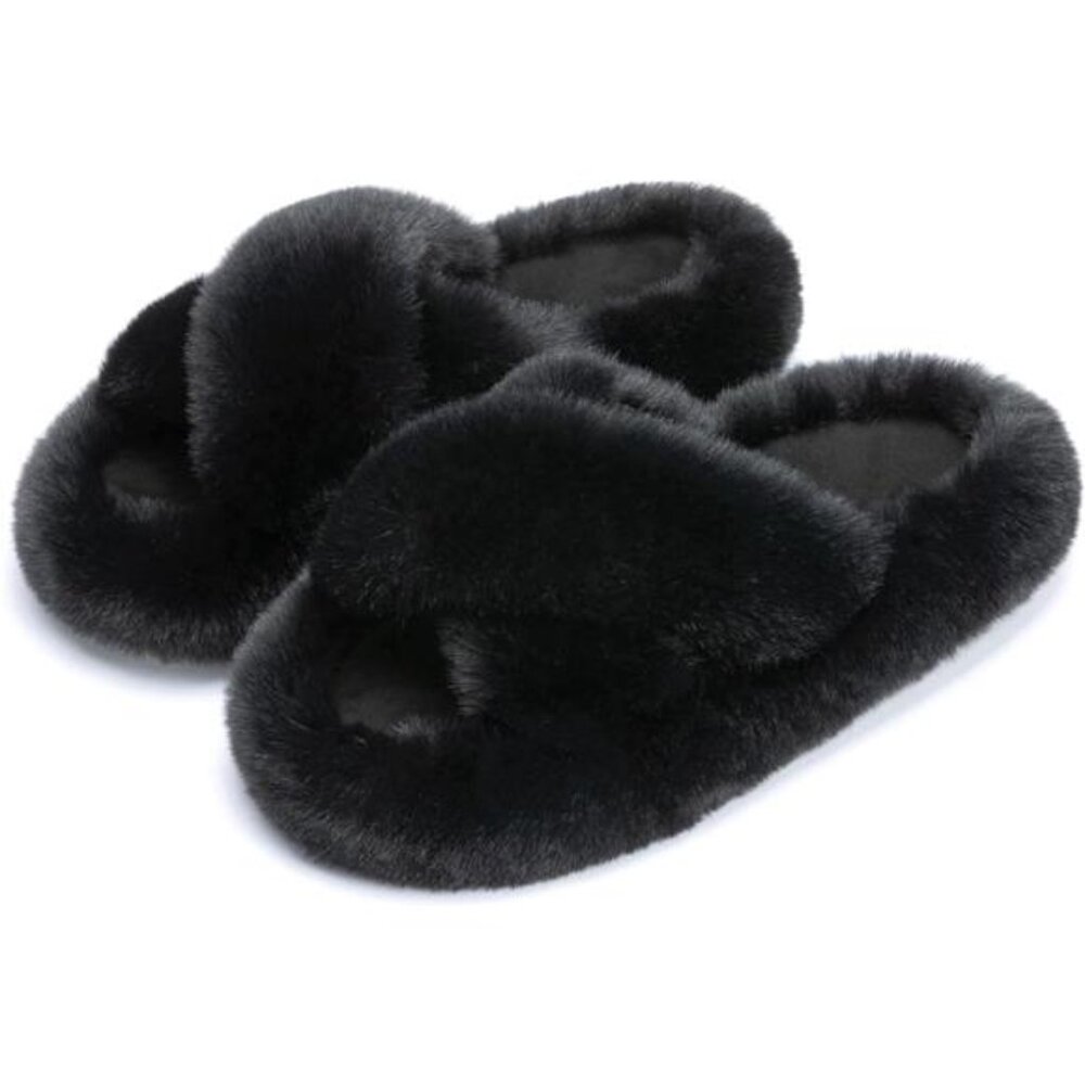 Women's Fuzzy Memory Foam Bedroom Slippers, Black Cross